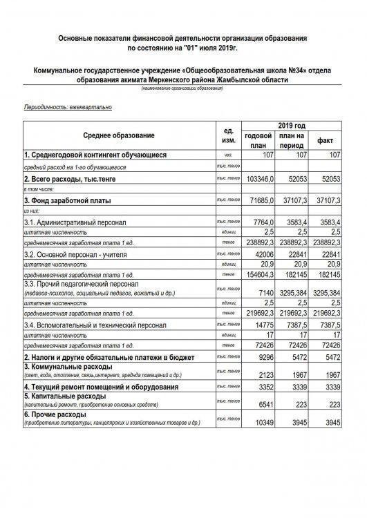 Основные показатели финансовой деятельности организации  по состоянию на "1"июля 2019г.